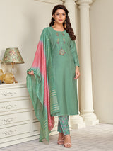 Green silk salwar suit with embroidered detailing
