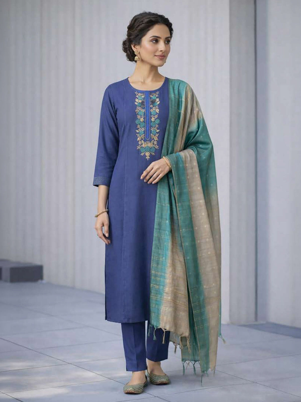 Blue cotton salwar suit with embroidery and sequin work