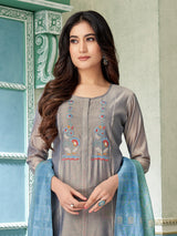 Grey cotton silk salwar suit with embroidered detailing