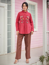 Red and brown linen co-ord set with embroidery