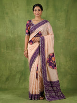 Peach floral mirror work dola silk saree