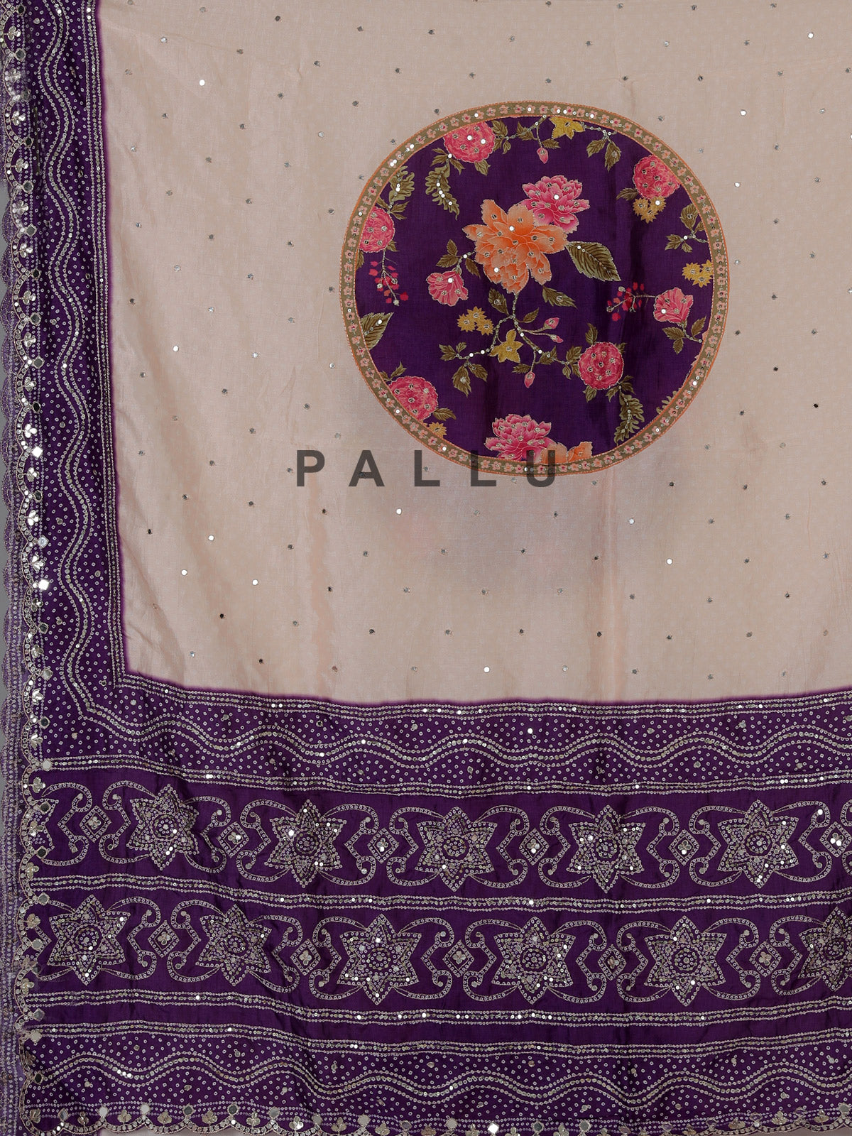 Peach floral mirror work dola silk saree