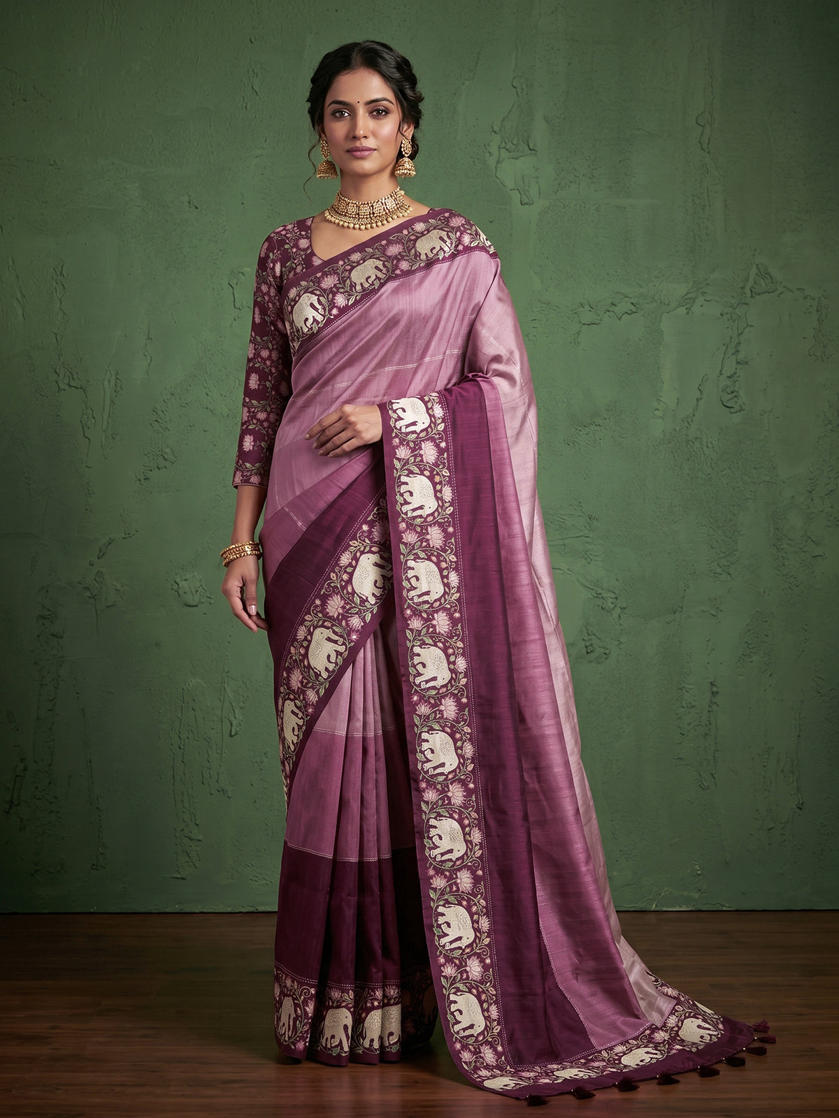 Pink elephant motif festive tussar saree