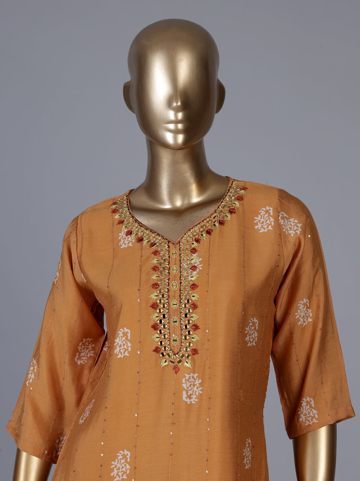 Peach silk kurti set with mirror and sequin work