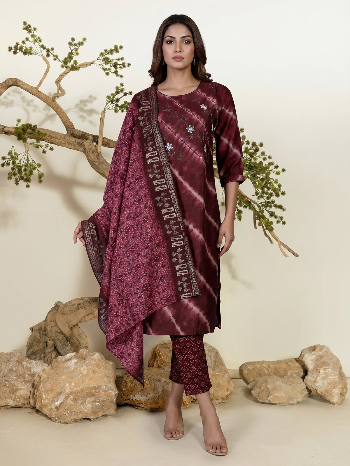 Dark brown cotton silk kurti set with thread and mirror work