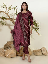 Dark brown cotton silk kurti set with thread and mirror work