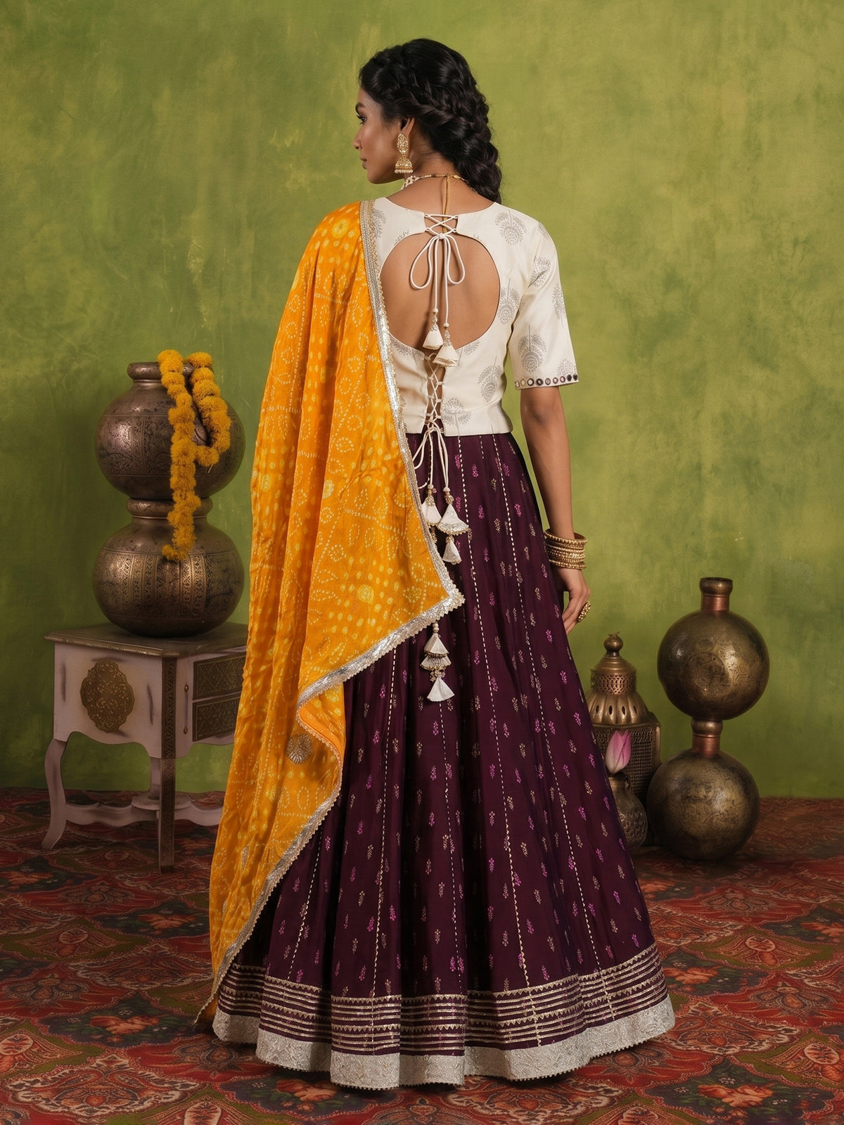Cream wine cotton festive lehenga choli