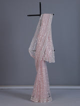 Baby pink party wear net saree with beads and cutdana work