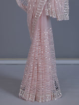 Baby pink party wear net saree with beads and cutdana work