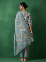 Teal blue floral printed cotton kurti set