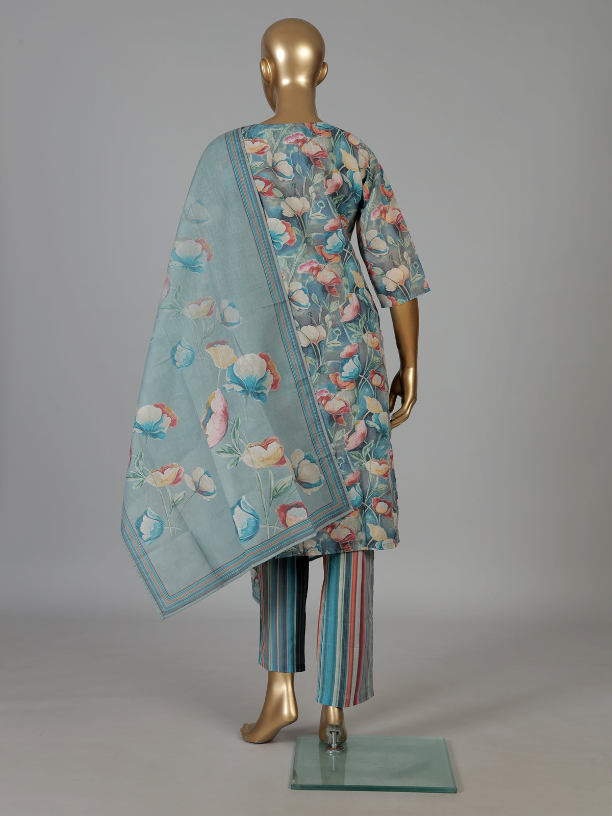 Teal blue floral printed cotton kurti set