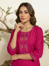Rani pink silk festive kurti set with embroidered placket