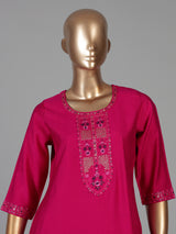Rani pink silk festive kurti set with embroidered placket