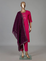 Rani pink silk festive kurti set with embroidered placket
