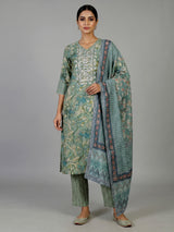 Sage green printed cotton kurti set with embroidered V neck