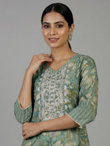 Sage green printed cotton kurti set with embroidered V neck