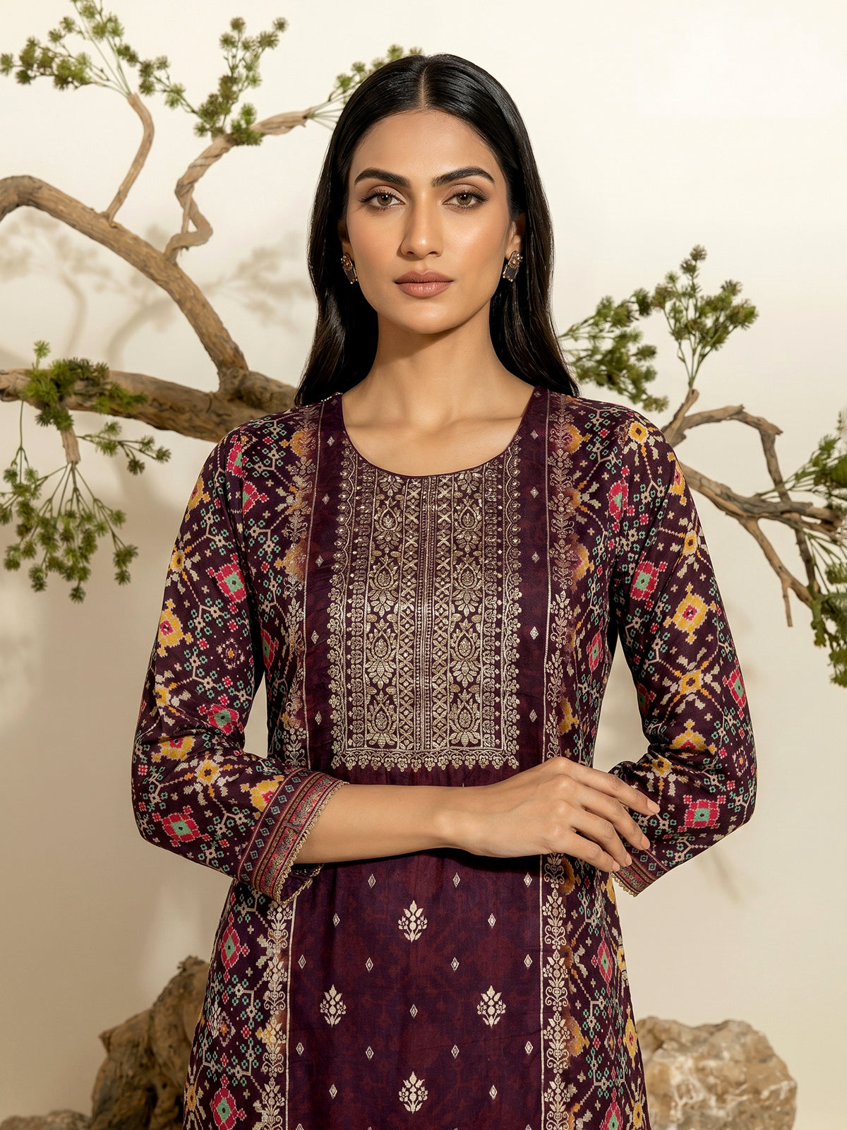 Wine silk patola print festive kurti set