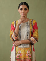 Cream cotton silk digital print kurti set with embellished neckline