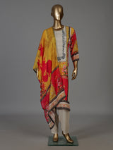 Cream cotton silk digital print kurti set with embellished neckline