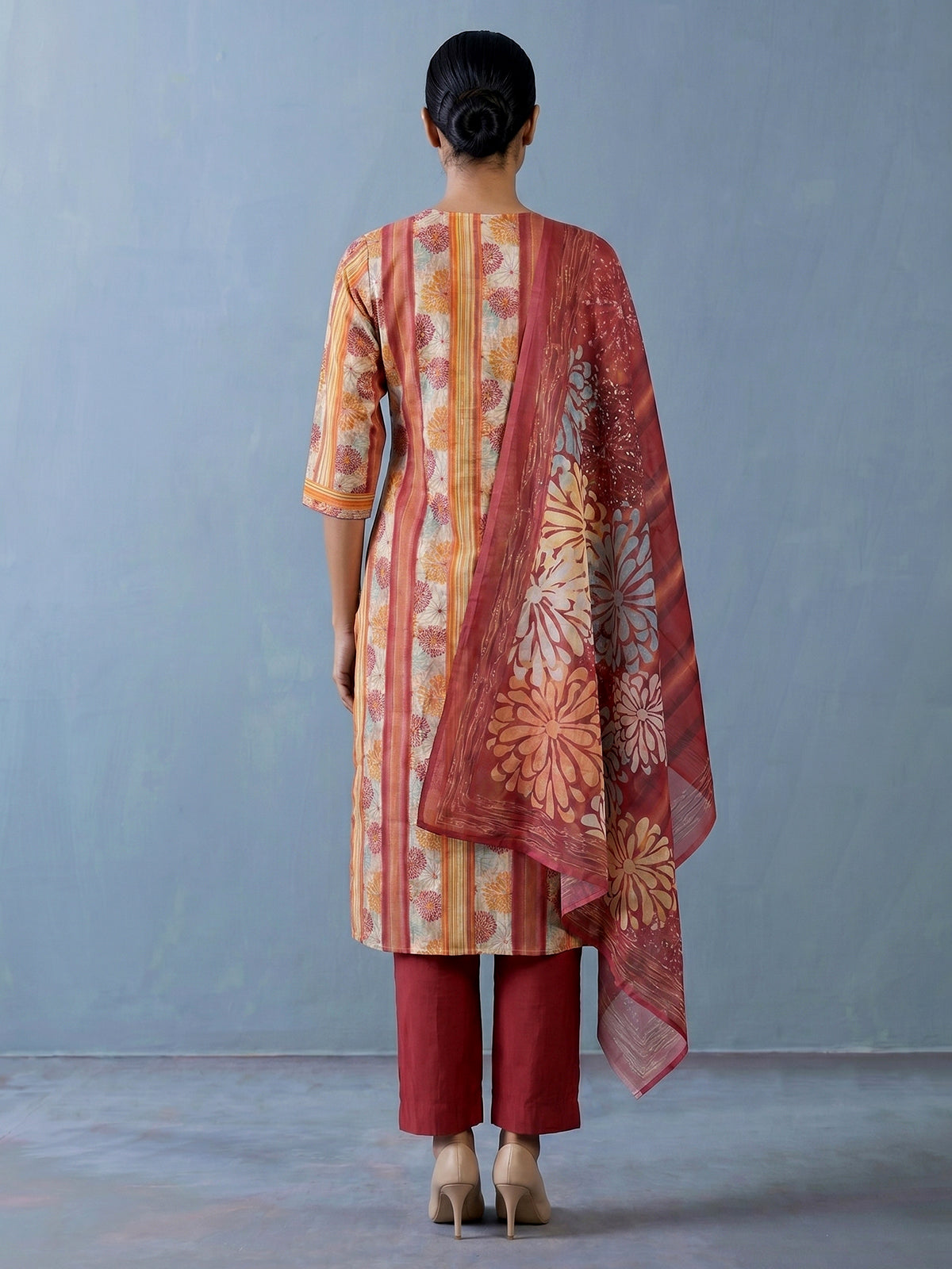 Peach muslin silk blend striped kurti set