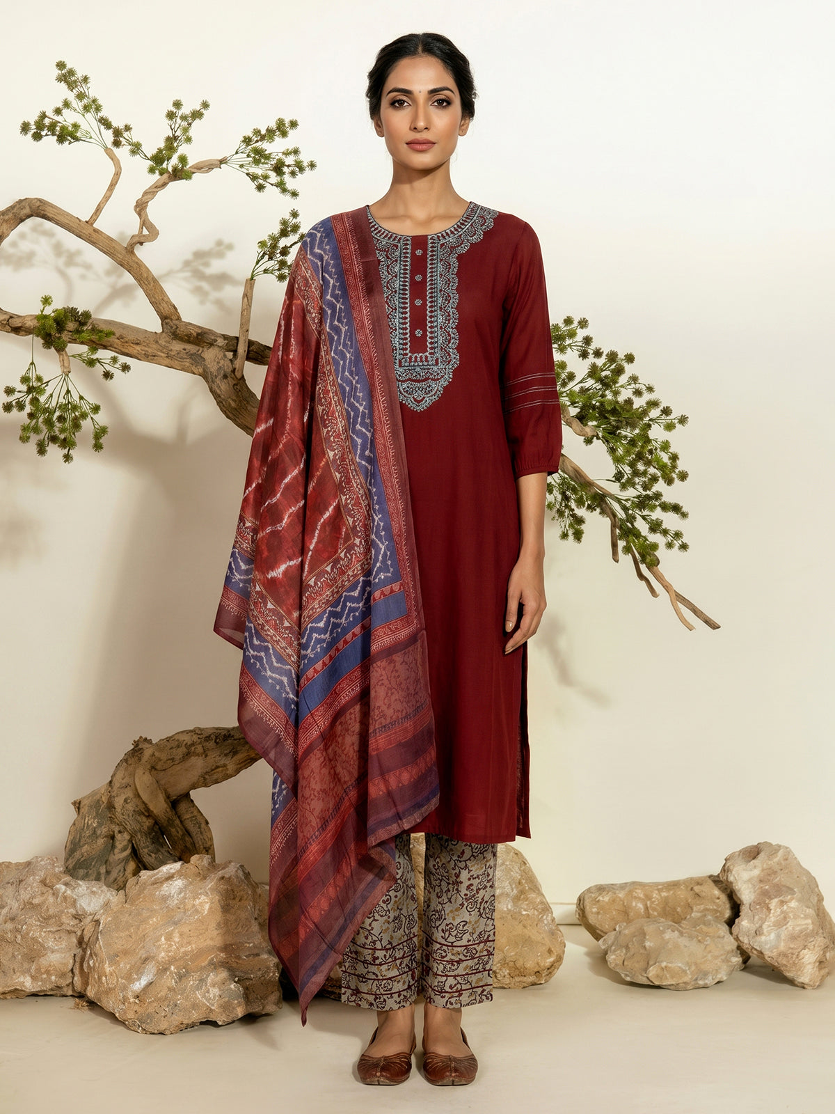Maroon cotton embroidered festive kurti set