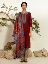 Maroon cotton embroidered festive kurti set
