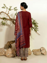 Maroon cotton embroidered festive kurti set