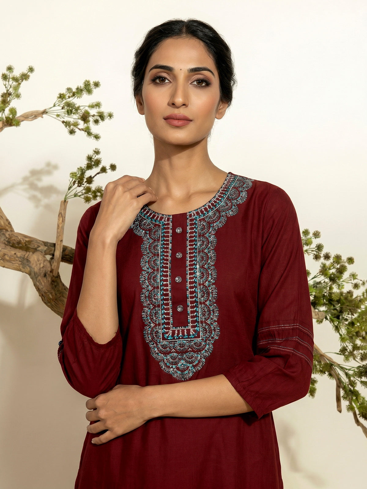 Maroon cotton embroidered festive kurti set