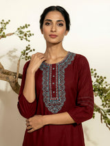 Maroon cotton embroidered festive kurti set