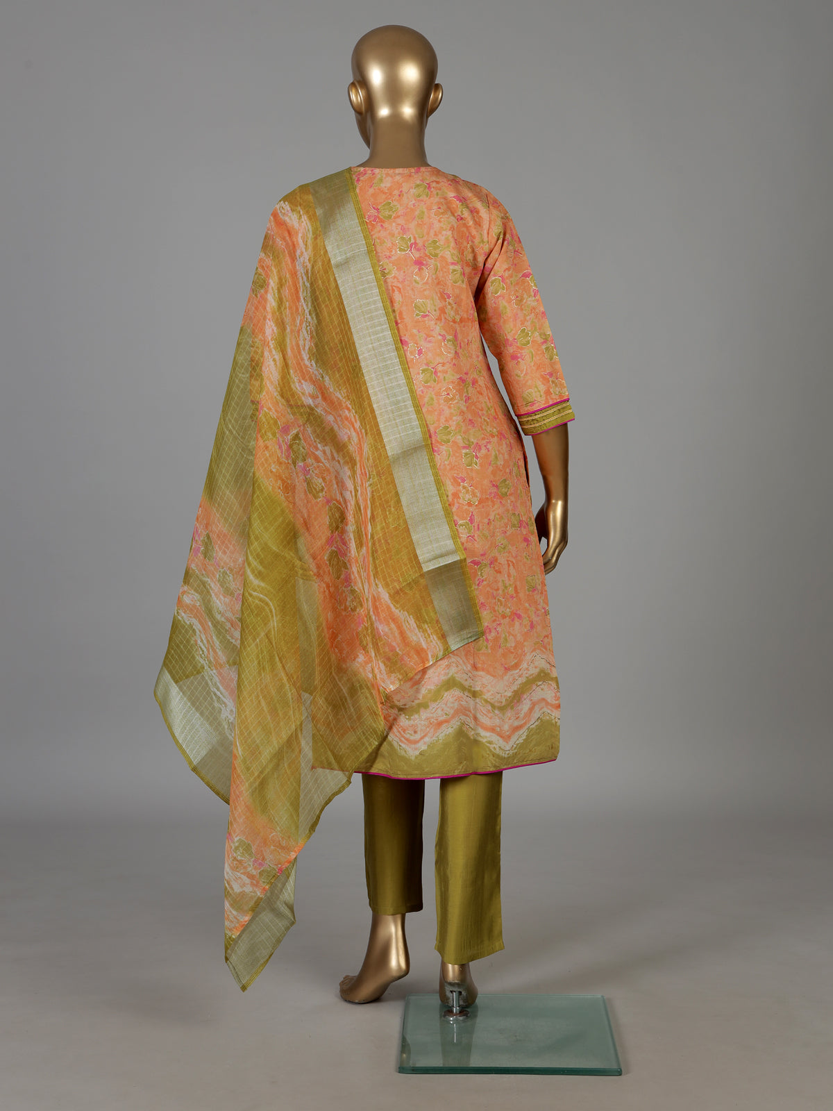 Peach silk floral printed festive kurti set