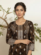 Brown silk festive kurti set with silver zari detailing
