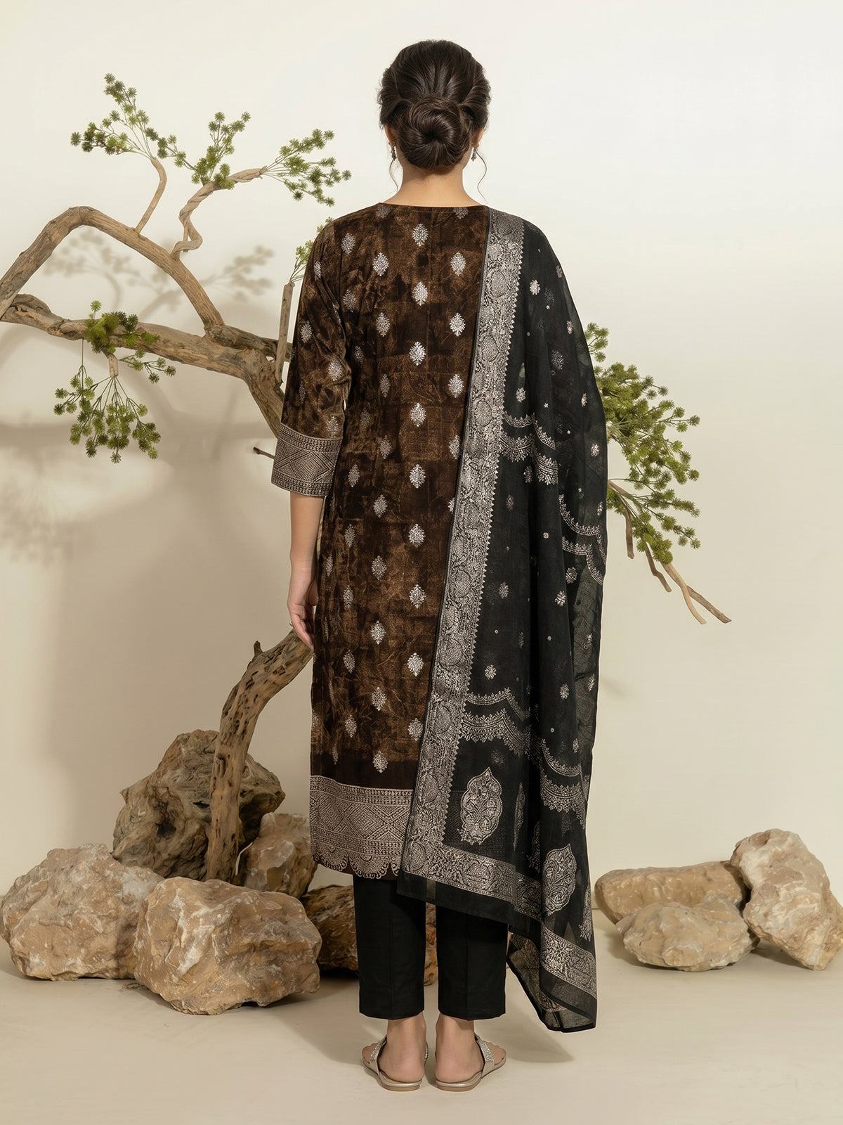 Brown silk festive kurti set with silver zari detailing