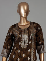 Brown silk festive kurti set with silver zari detailing