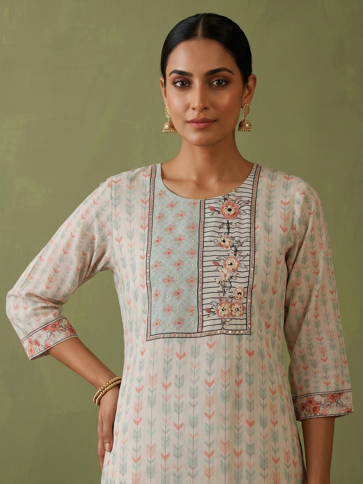 Cream geometric printed cotton kurti set with embellished yoke