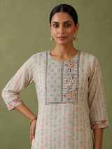 Cream geometric printed cotton kurti set with embellished yoke