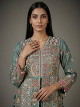 Teal sea green embroidered silk palazzo suit