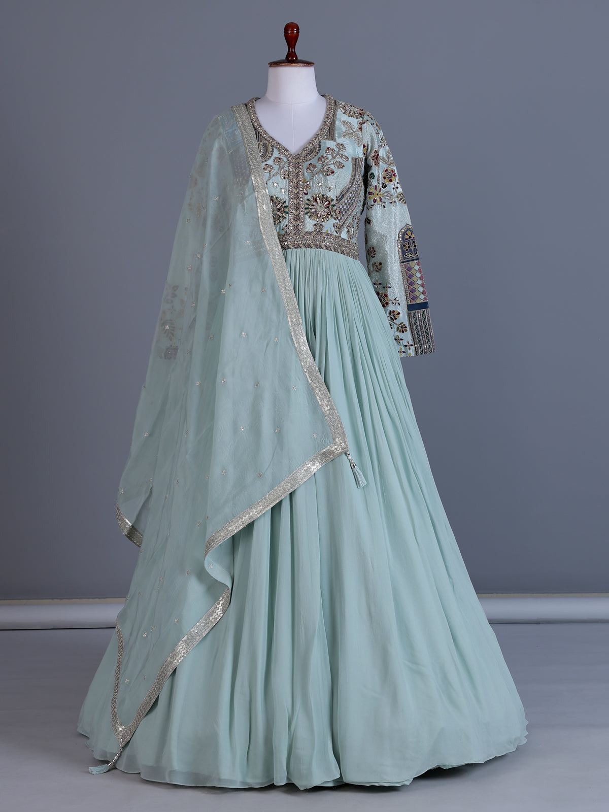 Sky blue silk floor length salwar suit