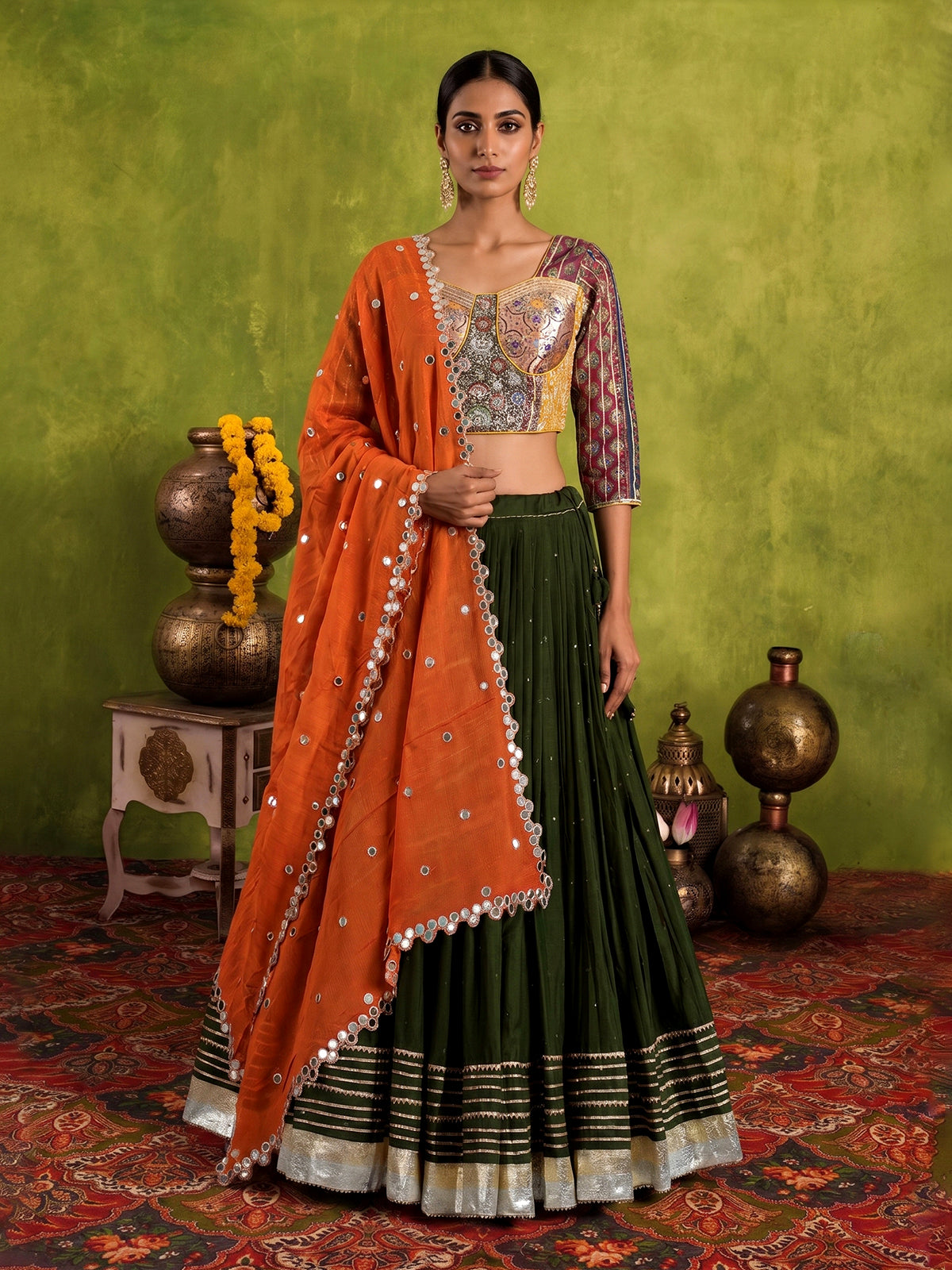 Green tissue silk navratri wear lehenga choli
