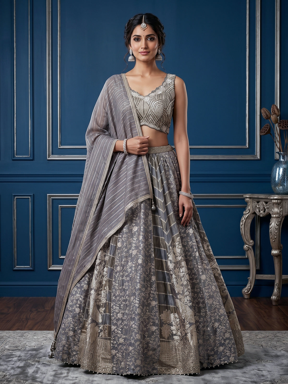 Charcoal grey jacquard lehenga choli with zardosi work