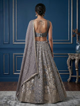 Charcoal grey jacquard lehenga choli with zardosi work