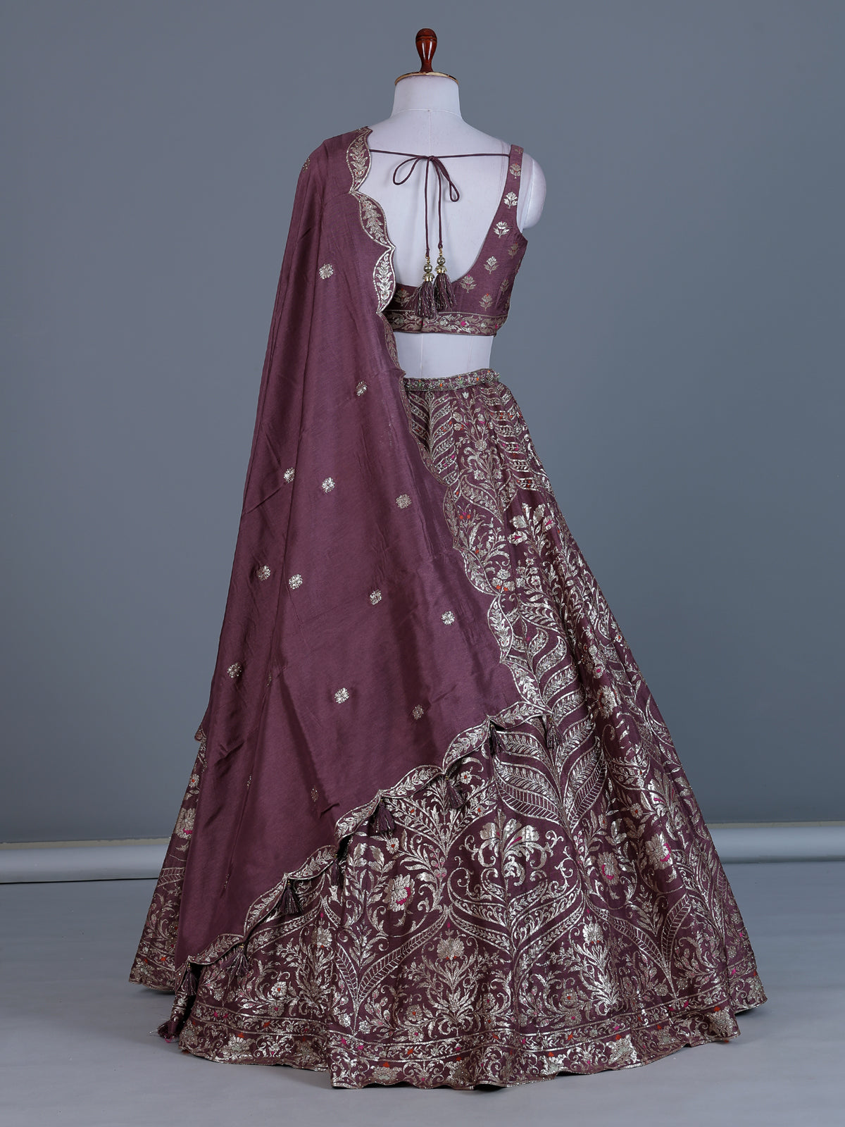 Mauve plum wine Banarasi silk lehenga choli with dupatta