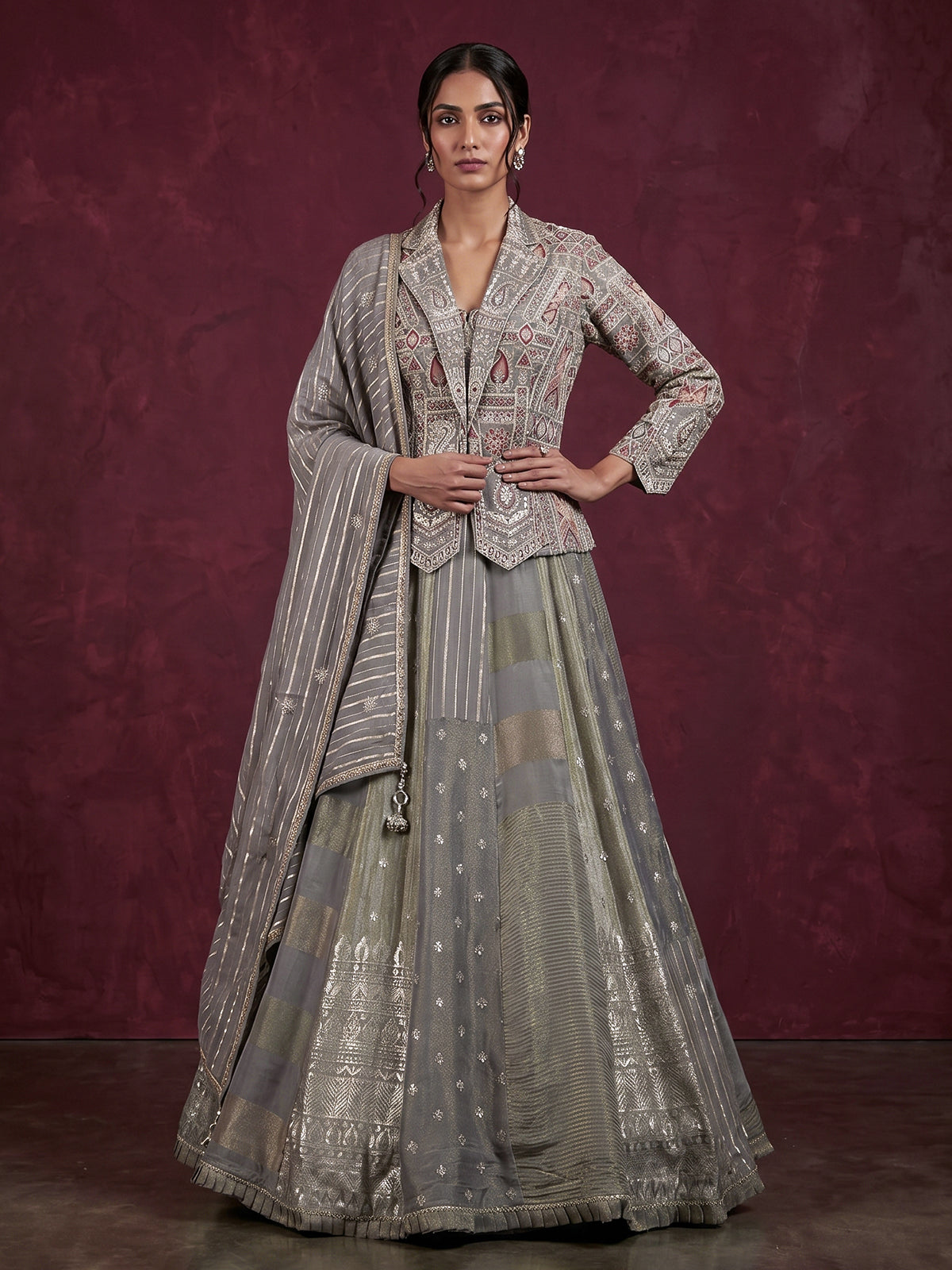 Grey Indo-western jacquard lehenga choli with jacket