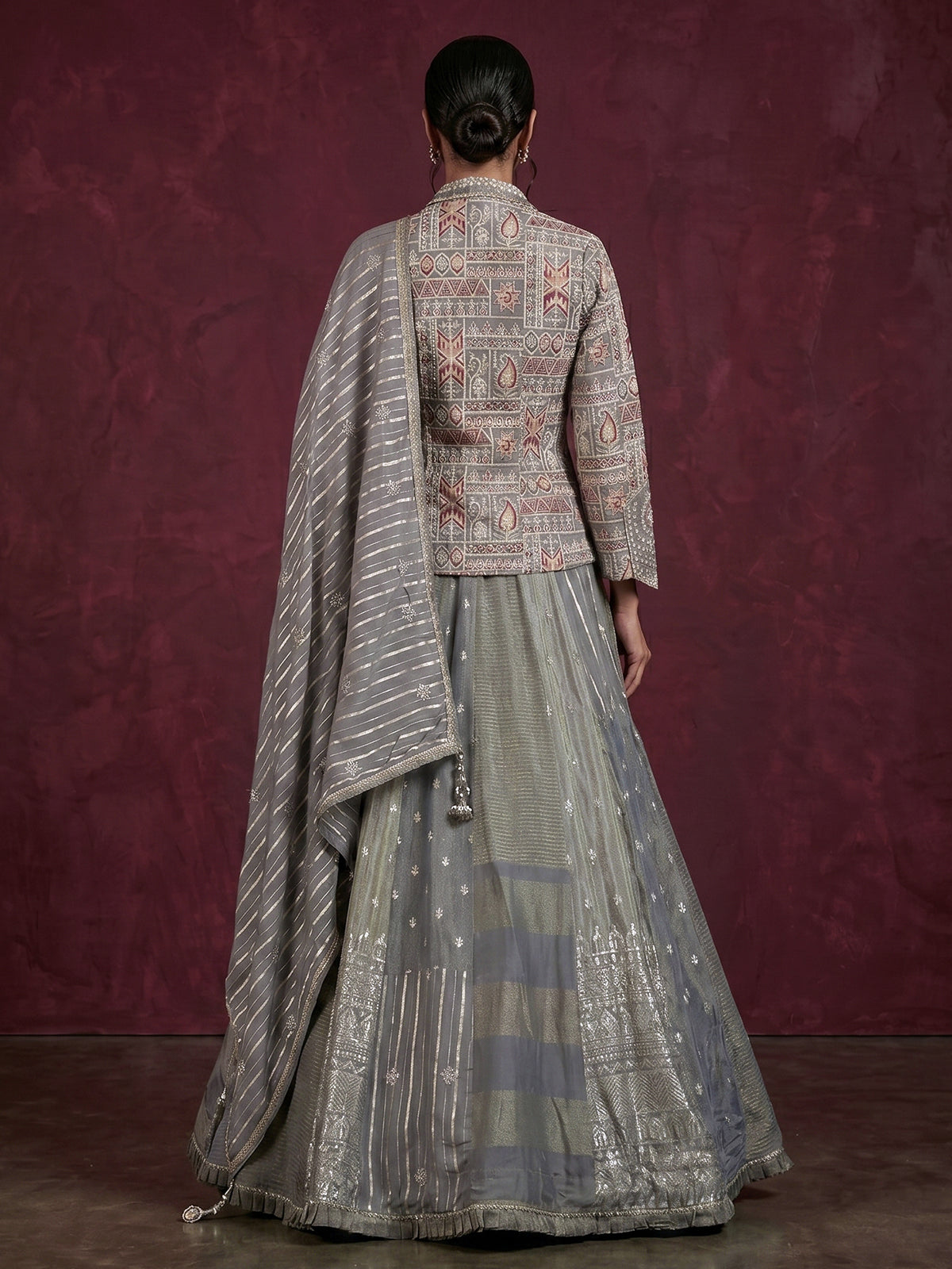 Grey Indo-western jacquard lehenga choli with jacket