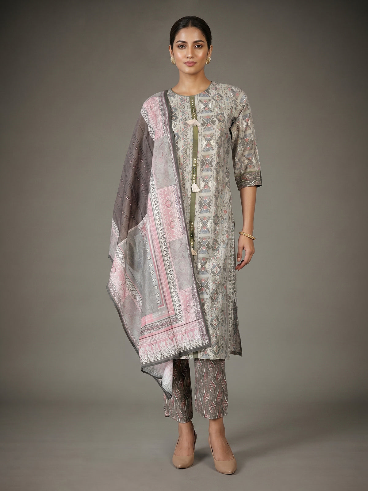 Navy cotton silk kurti set with printed dupatta