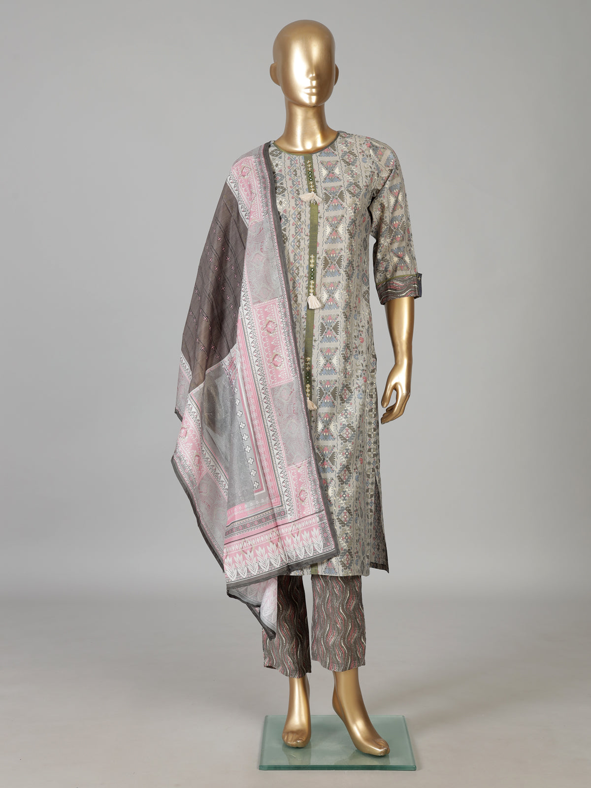Navy cotton silk kurti set with printed dupatta