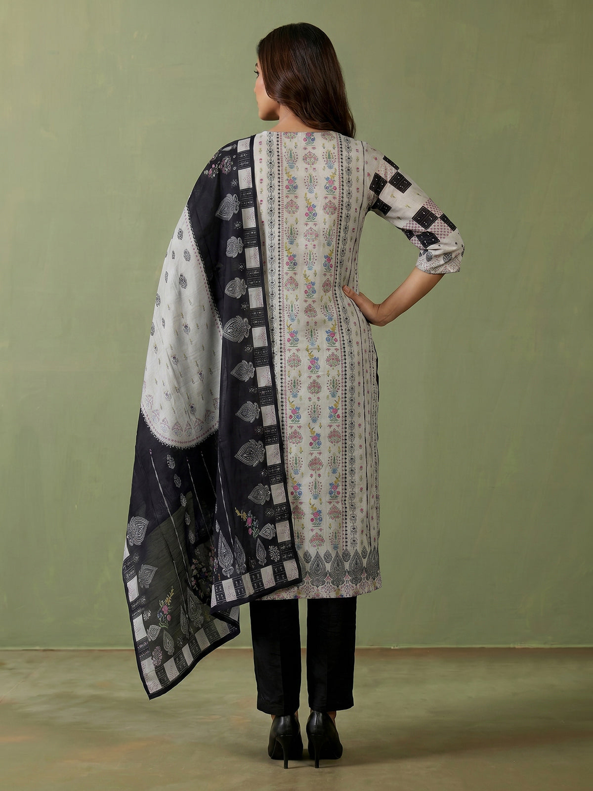 Dusty beige cotton silk kurti set with ethnic print