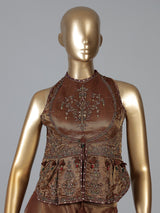 Brown tissue silk halter palazzo suit with dupatta