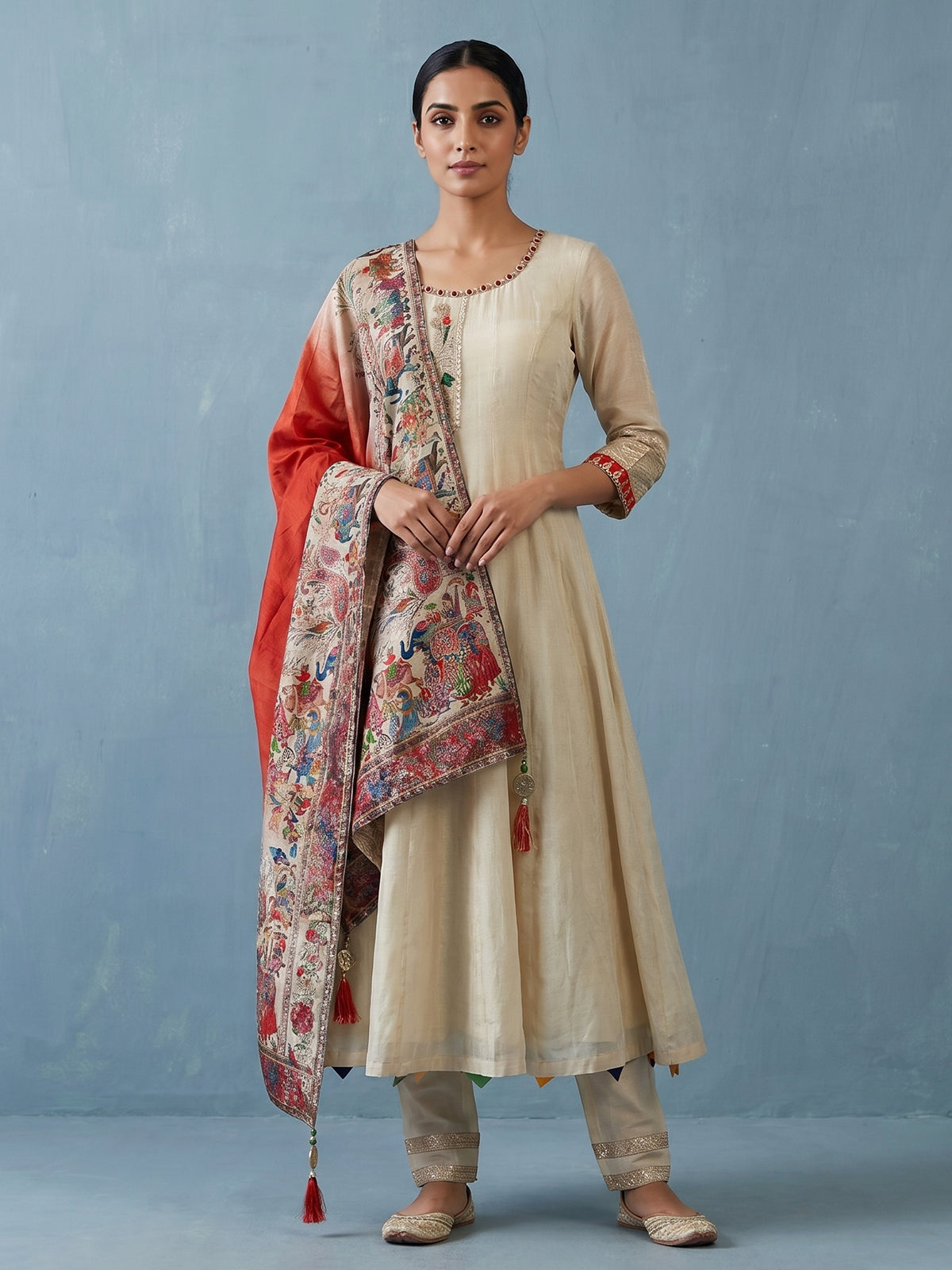 Cream tissue silk anarkali suit for wedding celebration