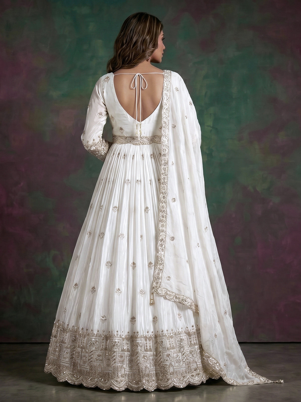 White silk embellished anarkali salwar suit for celebrations
