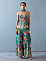 Firozi blue printed silk palazzo suit with dupatta